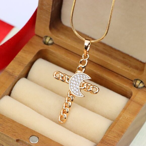 "Rose Gold Chain Cross Pendant with CZ Crescent Accent, XPPT1263 - Picture 7 of 13